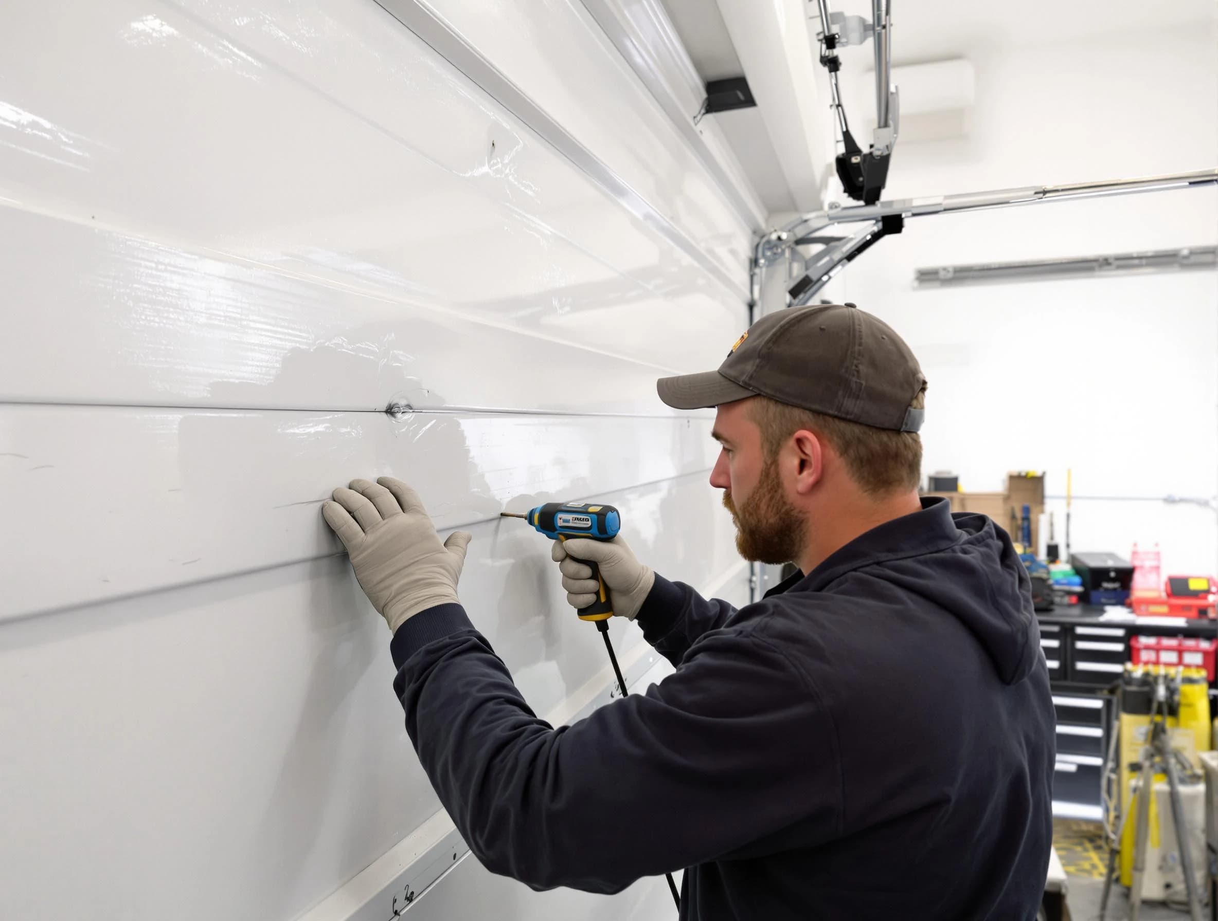 Princeton Garage Door Repair technician demonstrating precision dent removal techniques on a Princeton garage door